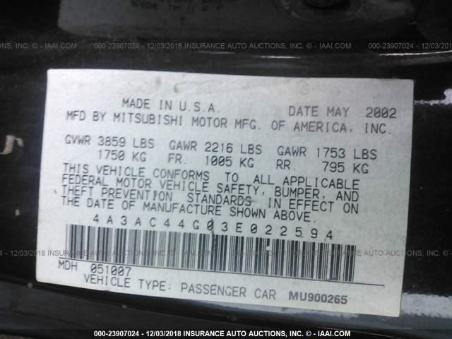 4A3AC44G03E022594 - 2003 MITSUBISHI ECLIPSE GS BLACK photo 9