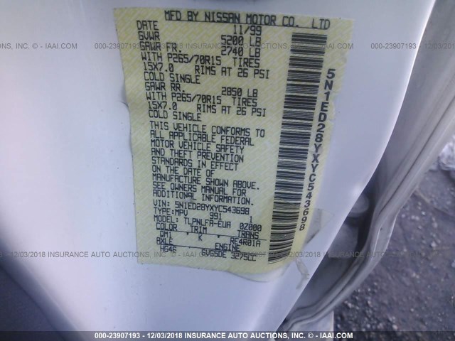 5N1ED28YXYC543698 - 2000 NISSAN XTERRA XE/SE WHITE photo 9