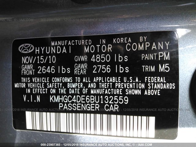 KMHGC4DE6BU132559 - 2011 HYUNDAI GENESIS 3.8L BLUE photo 9