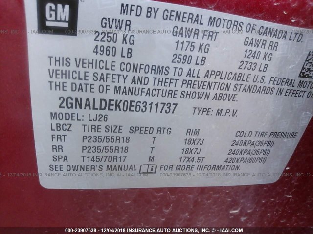 2GNALDEK0E6311737 - 2014 CHEVROLET EQUINOX LTZ RED photo 9