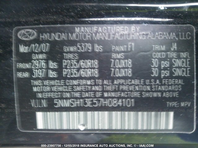 5NMSH13E57H084101 - 2007 HYUNDAI SANTA FE SE/LIMITED BLACK photo 9