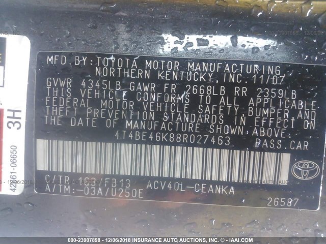 4T4BE46K88R027463 - 2008 TOYOTA CAMRY CE/LE/XLE/SE 灰色 照片 9