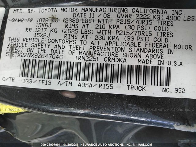 5TETX22NX9Z647046 - 2009 TOYOTA TACOMA ACCESS CAB ნაცრისფერი ფოტო 9