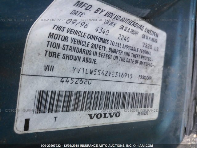 YV1LW5542V2316915 - 1997 VOLVO 850 GREEN photo 9