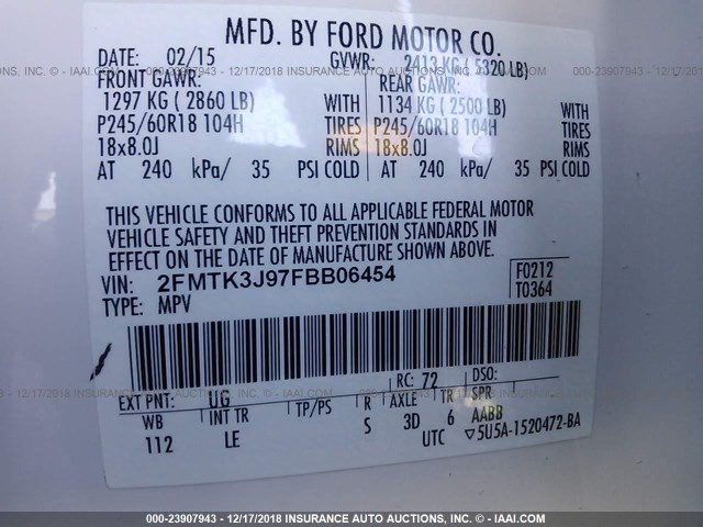 2FMTK3J97FBB06454 - 2015 FORD EDGE SEL WHITE photo 9