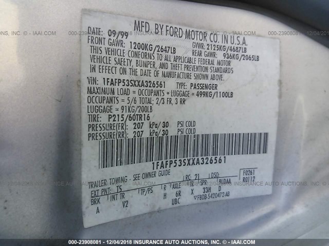 1FAFP53SXXA326561 - 1999 FORD TAURUS SE/COMFORT/SPORT SILVER photo 9