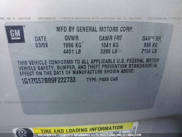 1G1ZG57B89F222733 - 2009 CHEVROLET MALIBU LS 棕色 照片 9