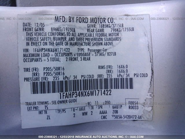 1FAHP34NX6W171422 - 2006 FORD FOCUS ZX4 SILVER photo 9