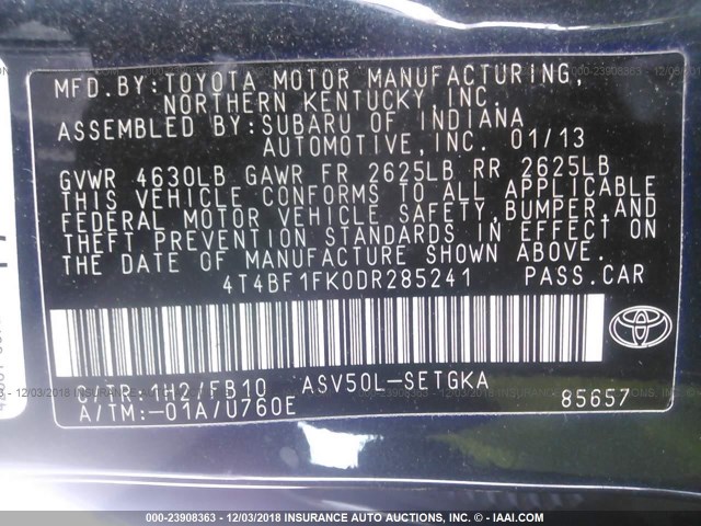 4T4BF1FK0DR285241 - 2013 TOYOTA CAMRY L/SE/LE/XLE 深蓝色 照片 9