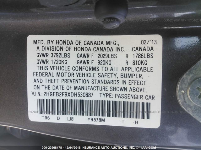 2HGFB2F9XDH530887 - 2013 HONDA CIVIC EXL Pewter photo 9