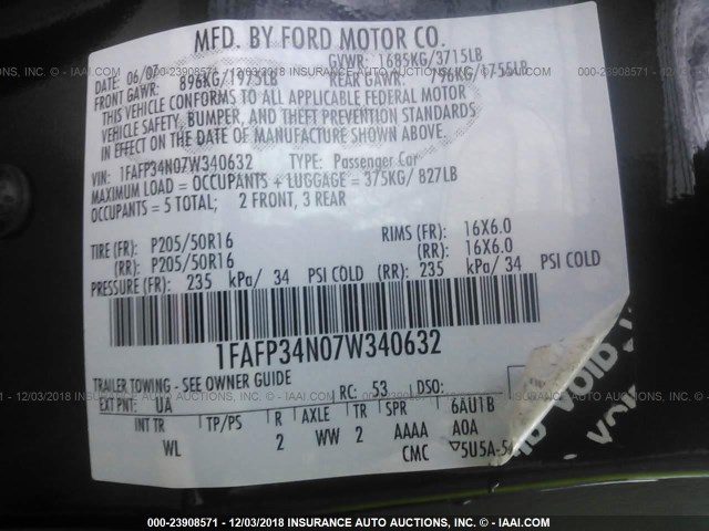 1FAFP34N07W340632 - 2007 FORD FOCUS ZX4/S/SE/SES 黑色 照片 9