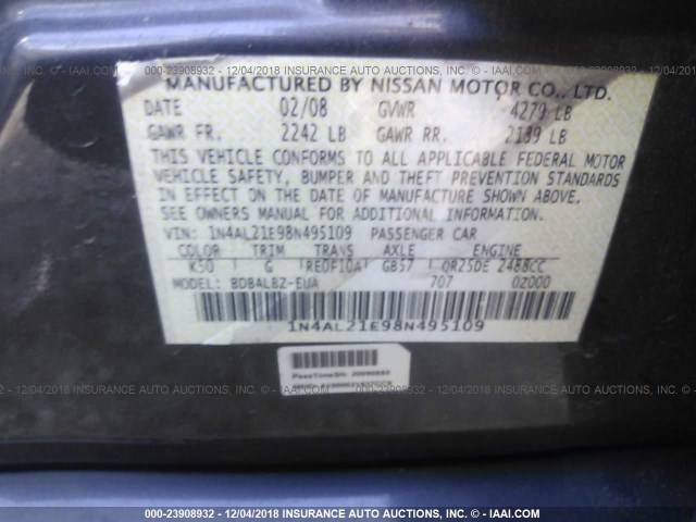 1N4AL21E98N495109 - 2008 NISSAN ALTIMA 2.5/2.5S GRAY photo 9