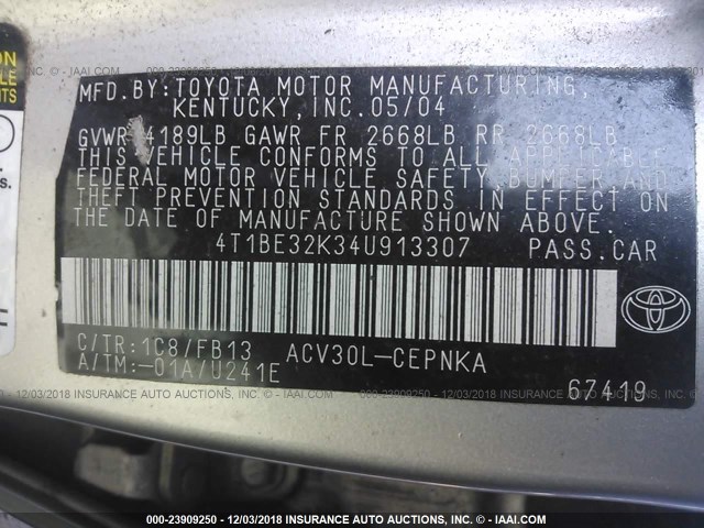 4T1BE32K34U913307 - 2004 TOYOTA CAMRY LE/XLE/SE SILVER photo 9