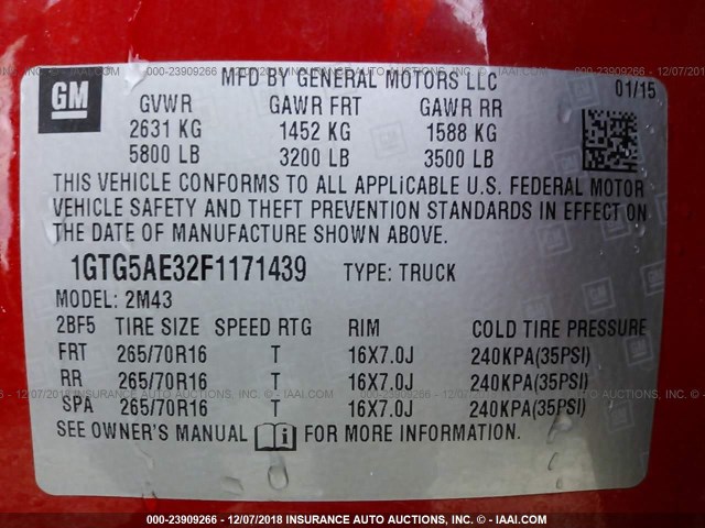 1GTG5AE32F1171439 - 2015 GMC CANYON RED photo 9