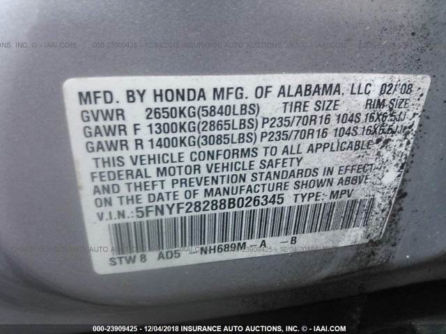 5FNYF28288B026345 - 2008 HONDA PILOT VP SILVER photo 9