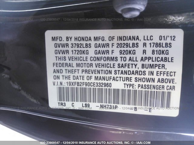 19XFB2F90CE332960 - 2012 HONDA CIVIC EXL BLACK photo 9