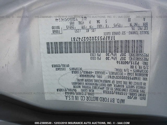 1FAFP55202G274781 - 2002 FORD TAURUS SES SILVER photo 9