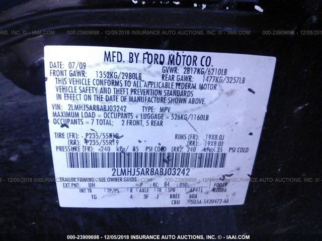 2LMHJ5AR8ABJ03242 - 2010 LINCOLN MKT BLACK photo 9