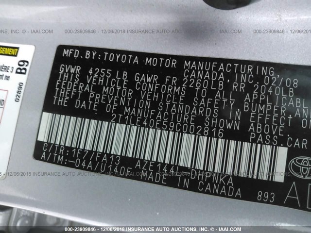 2T1LE40E59C002816 - 2009 TOYOTA COROLLA MATRIX S SILVER photo 9