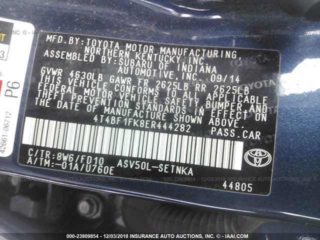 4T4BF1FK8ER444282 - 2014 TOYOTA CAMRY L/SE/LE/XLE Mavi foto 9