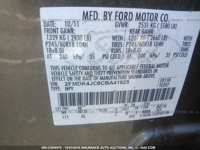 2FMDK4JC6CBA41825 - 2012 FORD EDGE SEL GRAY photo 9