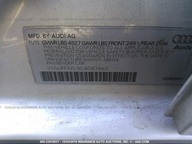 WAUFFAFL9CA097663 - 2012 AUDI A4 PREMIUM PLUS SILVER photo 9