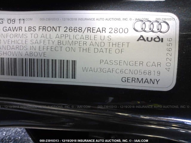 WAU3GAFC6CN056819 - 2012 AUDI A7 PRESTIGE GRAY photo 9