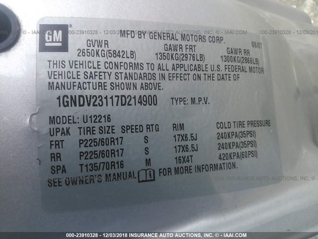 1GNDV23117D214900 - 2007 CHEVROLET UPLANDER LS SILVER photo 9