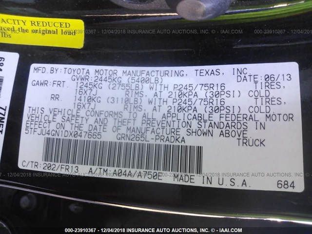 5TFJU4GN1DX047665 - 2013 TOYOTA TACOMA DOUBLE CAB PRERUNNER BLACK photo 9