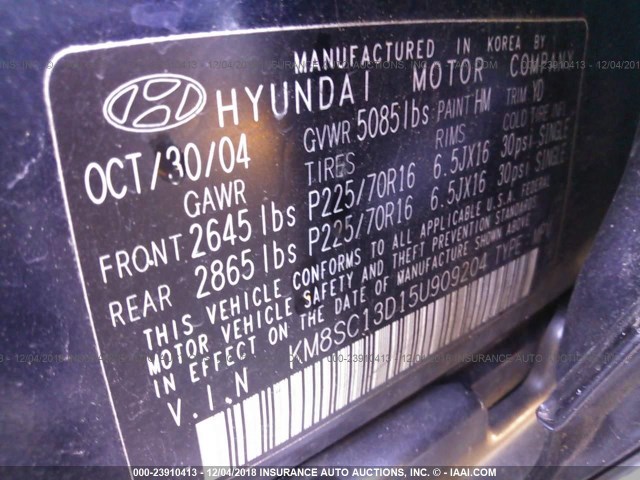 KM8SC13D15U909204 - 2005 HYUNDAI SANTA FE GLS/LX BLUE photo 9