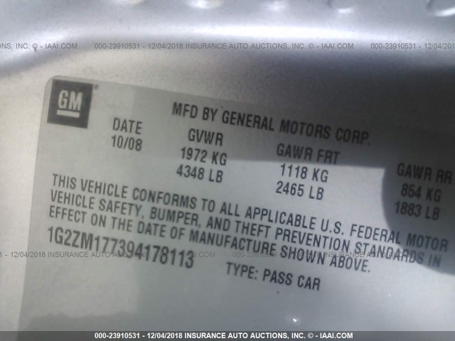 1G2ZM177394178113 - 2009 PONTIAC G6 GXP SILVER photo 9