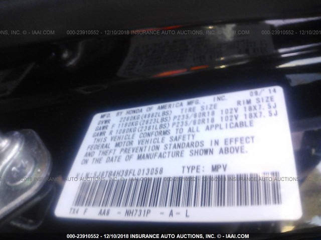 5J8TB4H39FL013058 - 2015 ACURA RDX BLACK photo 9