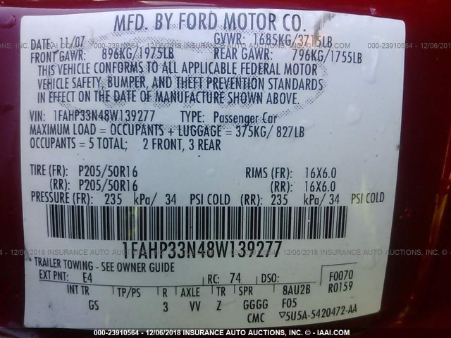 1FAHP33N48W139277 - 2008 FORD FOCUS SE/SEL/SES RED photo 9
