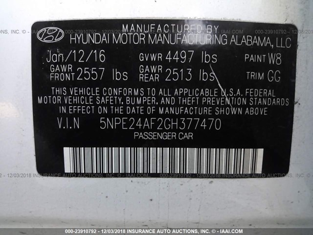 5NPE24AF2GH377470 - 2016 HYUNDAI SONATA SE WHITE photo 9