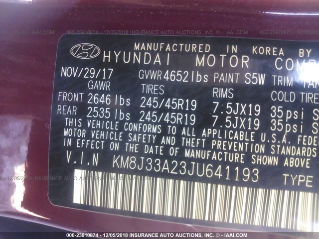 KM8J33A23JU641193 - 2018 HYUNDAI TUCSON VALUE BURGUNDY photo 9