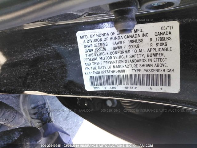 2HGFC2F51HH546881 - 2017 HONDA CIVIC LX BLACK photo 9