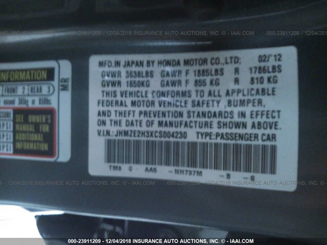 JHMZE2H3XCS004230 - 2012 HONDA INSIGHT GRAY photo 9