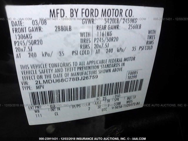 2LMDU68C78BJ26759 - 2008 LINCOLN MKX BLACK photo 9