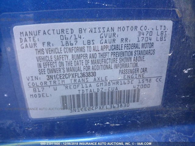 3N1CE2CPXFL363830 - 2015 NISSAN VERSA NOTE S/S PLUS/SV/SL/SR BLUE photo 9