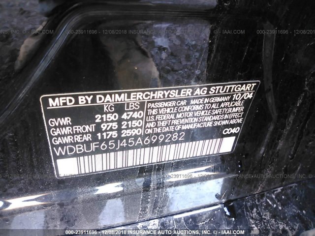 WDBUF65J45A699282 - 2005 MERCEDES-BENZ E 320 BLACK photo 9