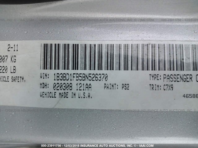 1B3BD1FB5BN526370 - 2011 DODGE AVENGER MAINSTREET SILVER photo 9