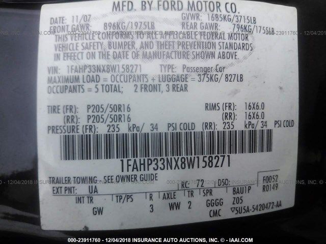 1FAHP33NX8W158271 - 2008 FORD FOCUS SE/SEL/SES BLACK photo 9