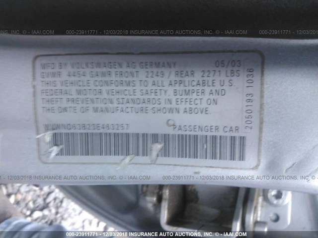 WVWND63B23E463257 - 2003 VOLKSWAGEN PASSAT GL SILVER photo 9