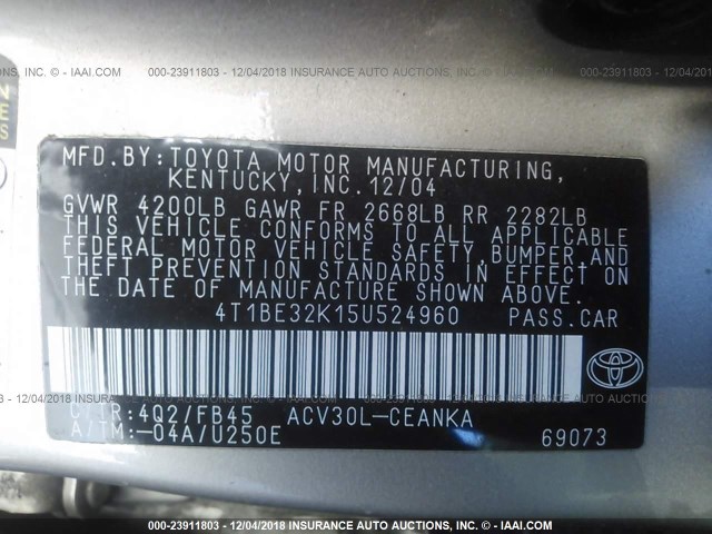 4T1BE32K15U524960 - 2005 TOYOTA CAMRY LE/XLE/SE GOLD photo 9