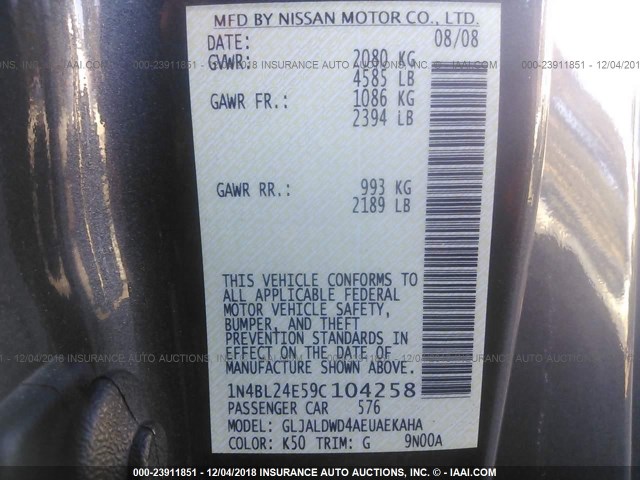 1N4BL24E59C104258 - 2009 NISSAN ALTIMA 3.5SE GRAY photo 9