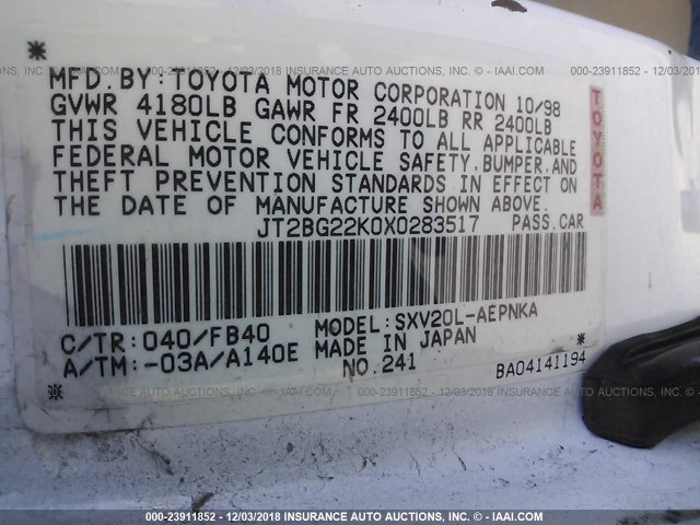 JT2BG22K0X0283517 - 1999 TOYOTA CAMRY LE/XLE WHITE photo 9