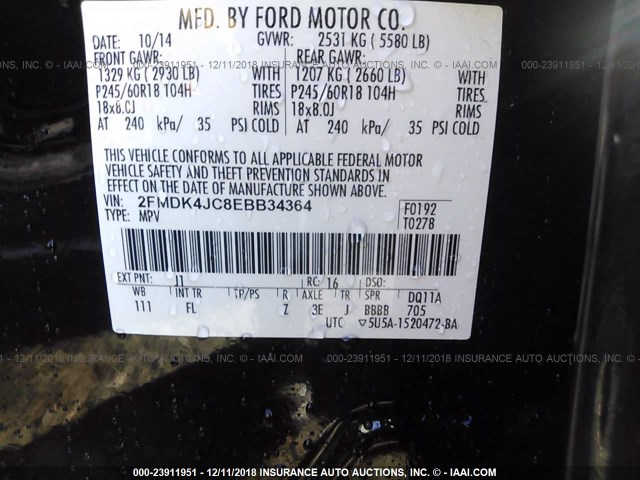 2FMDK4JC8EBB34364 - 2014 FORD EDGE SEL BROWN photo 9