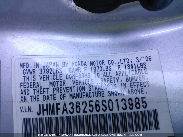 JHMFA36256S013985 - 2006 HONDA CIVIC HYBRID SILVER photo 9