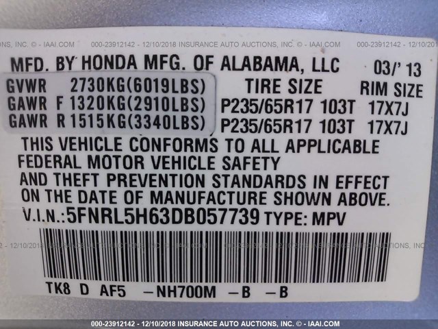 5FNRL5H63DB057739 - 2013 HONDA ODYSSEY EXL SILVER photo 9