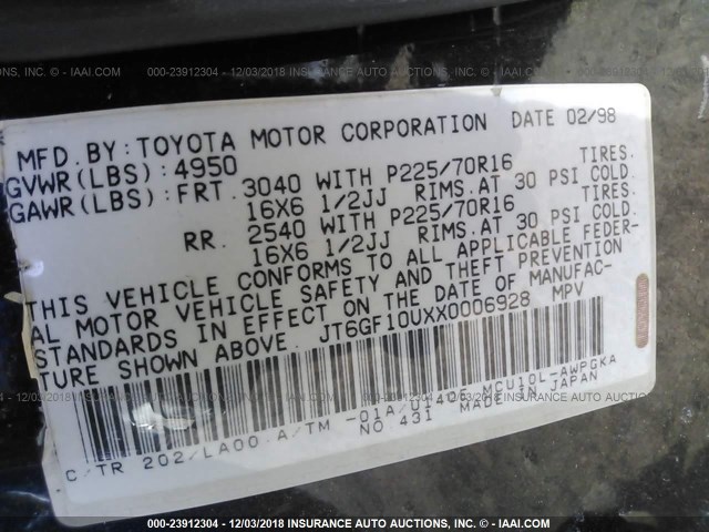 JT6GF10UXX0006928 - 1999 LEXUS RX 300 BLACK photo 9